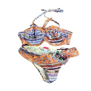 Milonga Womens Bikini Set Orange Purple Floral Underwire Halter Swimsuit Size 10